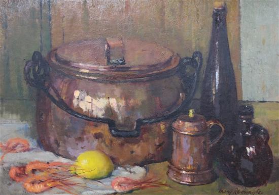 Mary Remington, oil on board, Still life with a copper pot, signed, 34 x 47cm